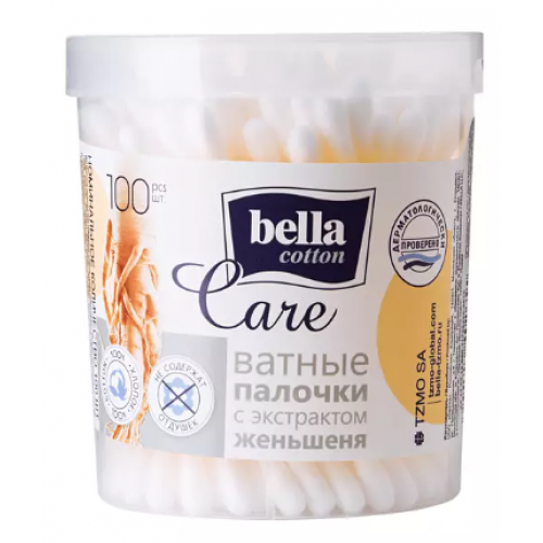 Белла ватные палочки Cotton Care экстракт женьшеня в круглой пластиковой коробке 100шт